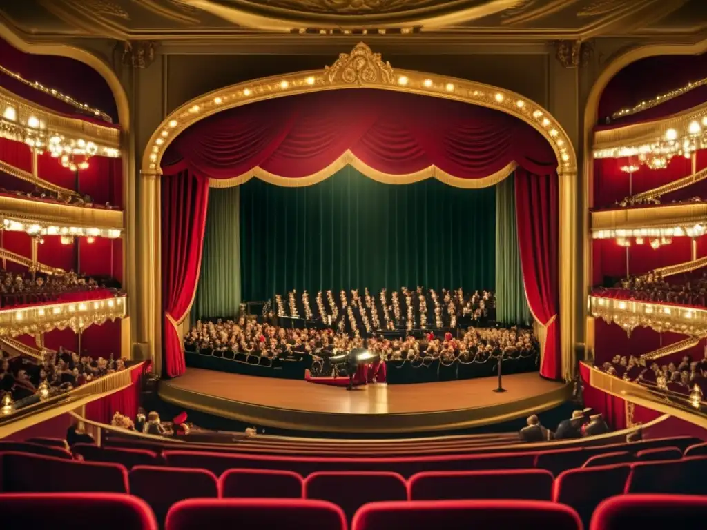 Ópera con público elegante y presencia sutil de mate en primer plano, evocando elegancia y grandiosidad