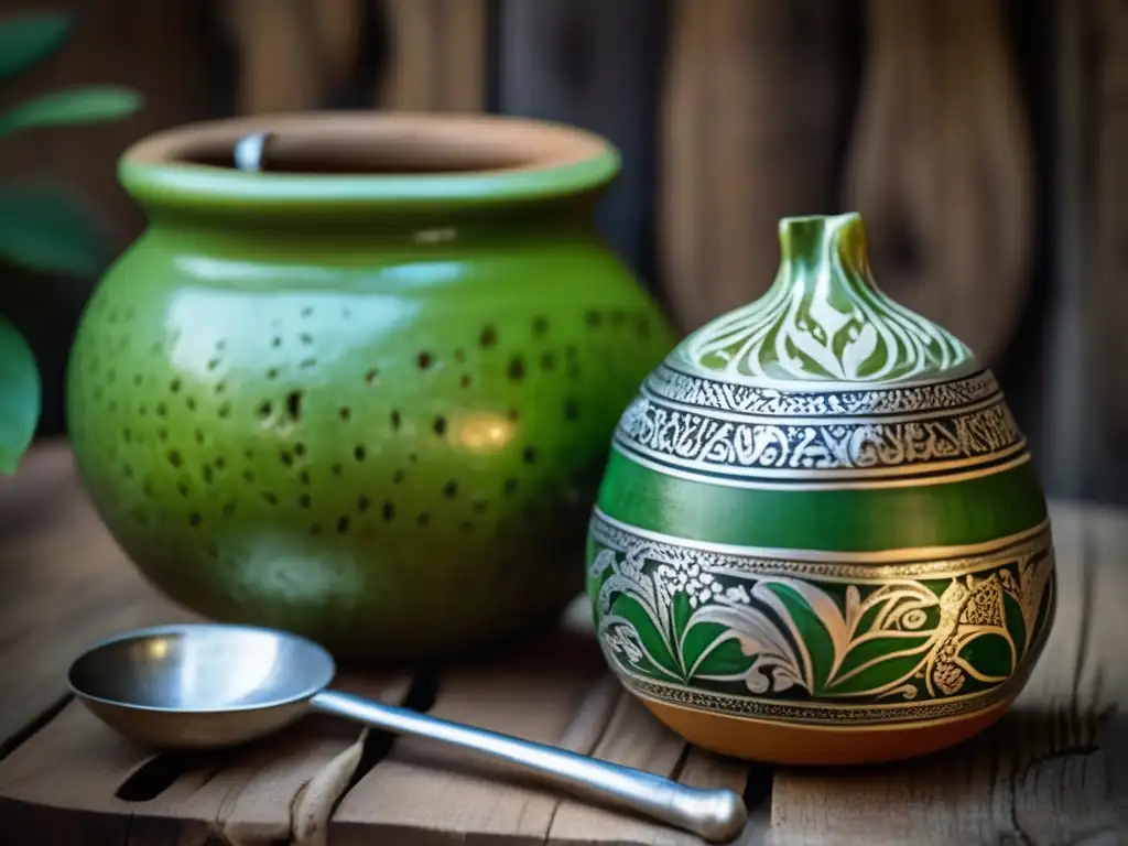 Receta asiática con yerba mate: gourd y bombilla vintage, mesa rústica, adornos florales y té verde vibrante