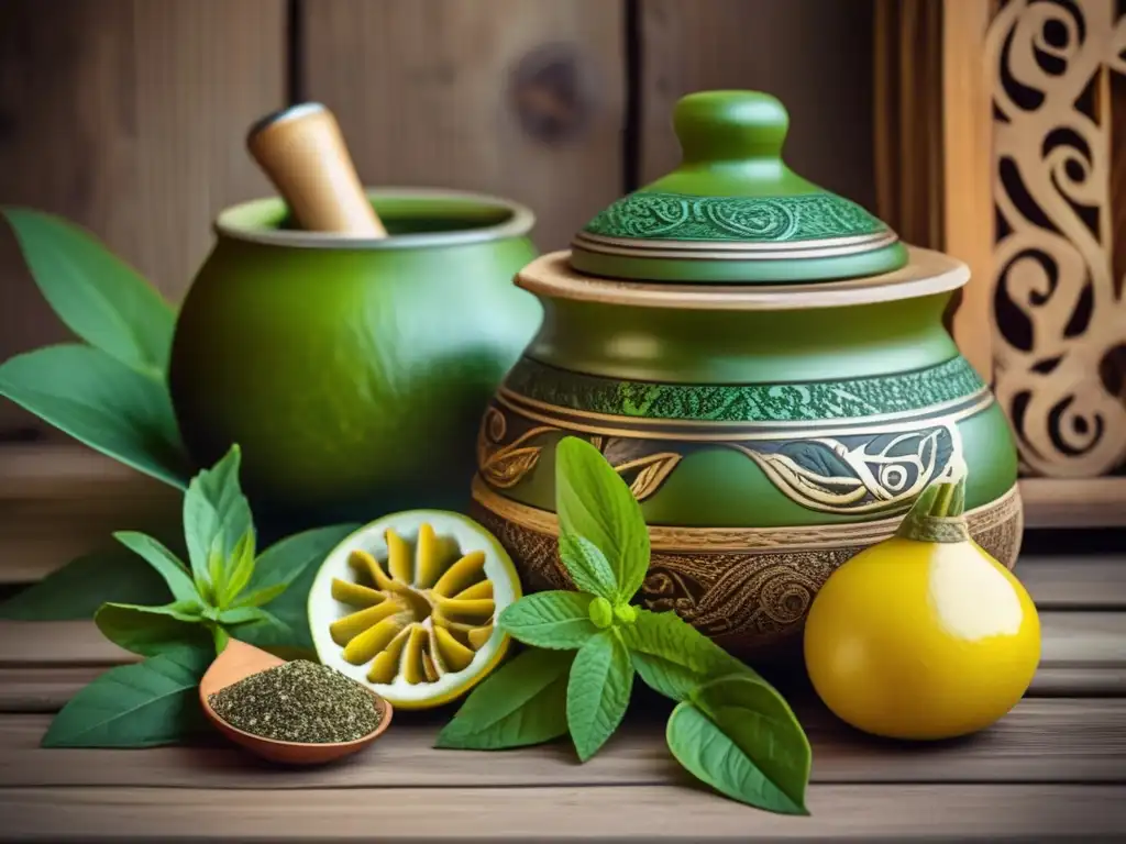 Recetas exclusivas mate rioplatense: Mate tradicional y aromático en una escena vintage con adornos tallados, yerba mate verde y hierbas aromáticas