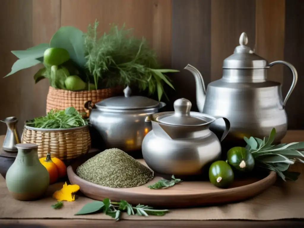 Recetas tradicionales con mate: mesa de madera rústica con ingredientes sudamericanos en cestas y tazones, mate y hervidor vintage