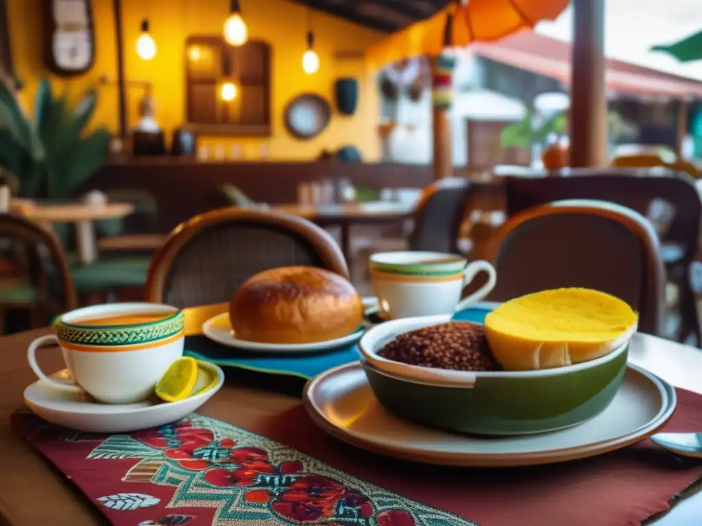 Relación mate y gastronomía brasileña: escena acogedora en café vintage, mesa con platos típicos, mate en primer plano