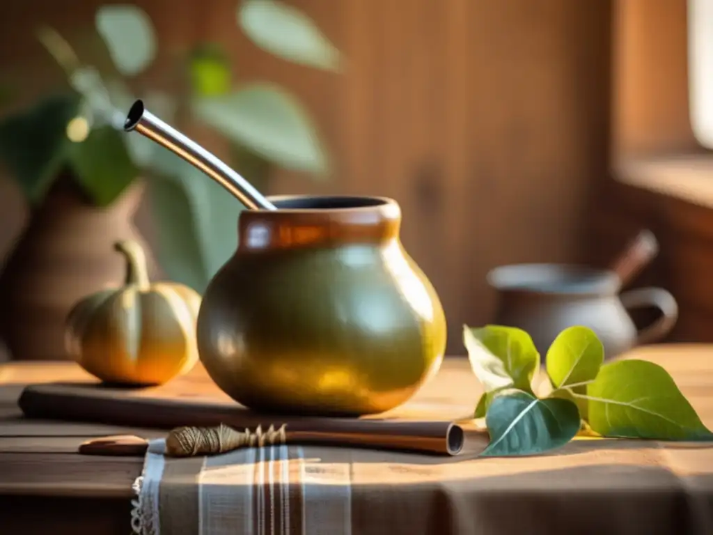 Resurgimiento del mate en la región rioplatense: una imagen evocadora de una mate gourd y una bombilla de metal sobre un mantel rústico, con yerba mate y vapor