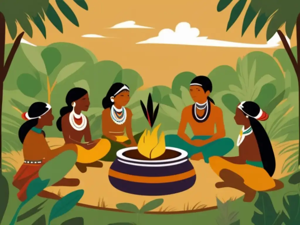 Ilustración vintage de indígenas Guarani reunidos en un claro del bosque, compartiendo mate y su rica tradición cultural