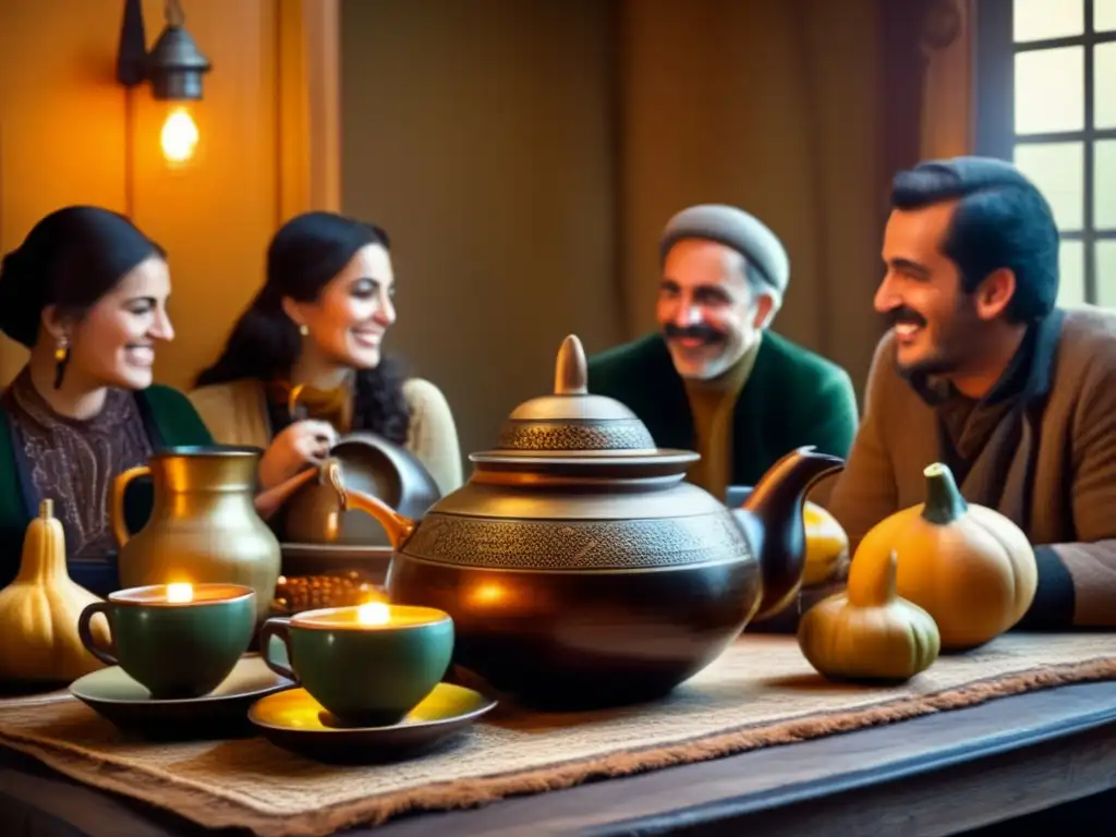 Reunión acogedora de amigos alrededor de una mesa de madera, compartiendo mate y sonriendo, con paisaje de colinas verdes y cielo azul