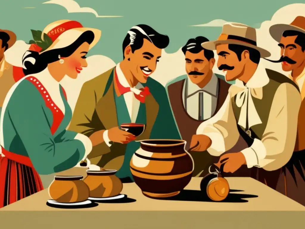 Ilustración vintage de una reunión tradicional de mate - Accesorios para celebrar la tradición del mate