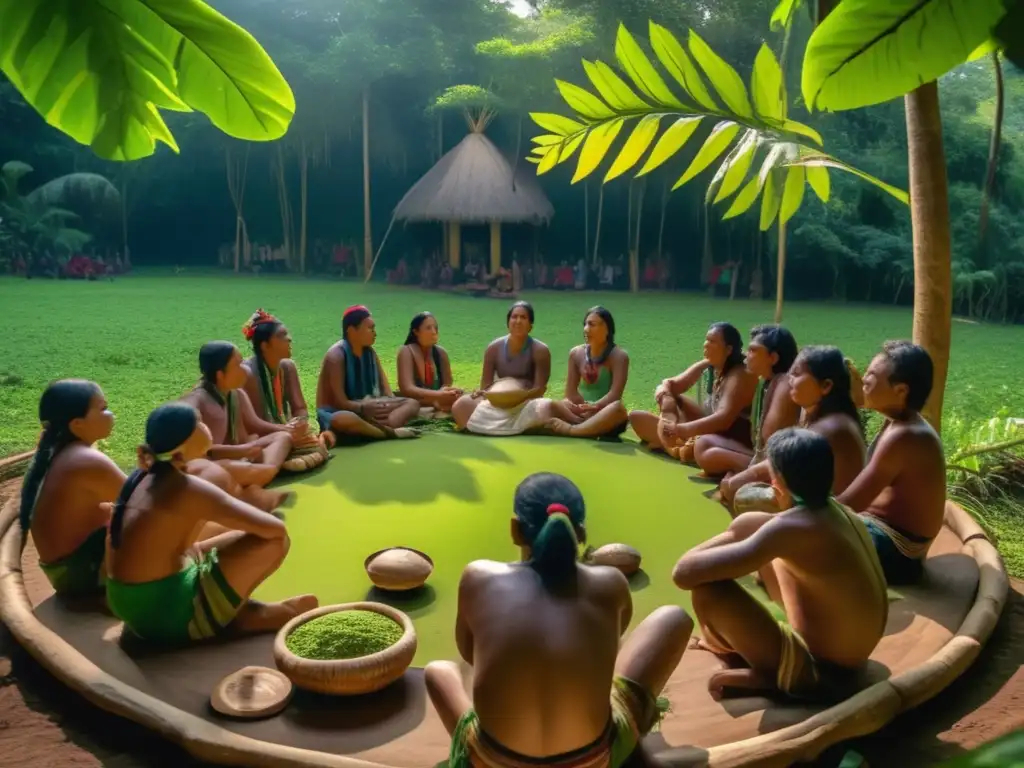 Reunión tradicional de la tribu Guarani en la selva paraguaya con yerba mate, incorporación en platos diarios