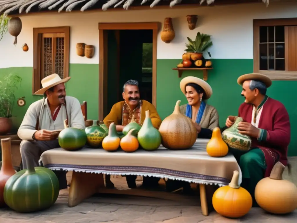 Tradición del mate en rioplatense: una reunión vintage con amigos en un patio rústico, rodeado de plantas y azulejos coloridos