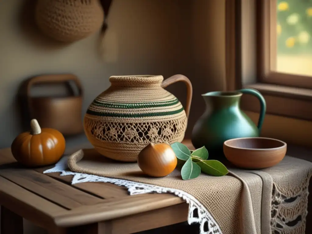 Un rincón acogedor de una casa rural con una mesa de madera decorada con un set tradicional de mate