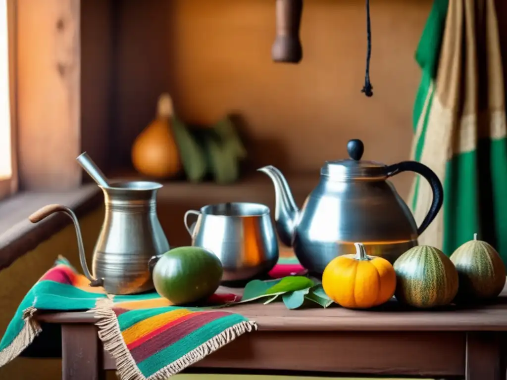 Un rincón acogedor en una casa tradicional argentina, con mesa de madera, mantel tejido y elementos tradicionales de mate