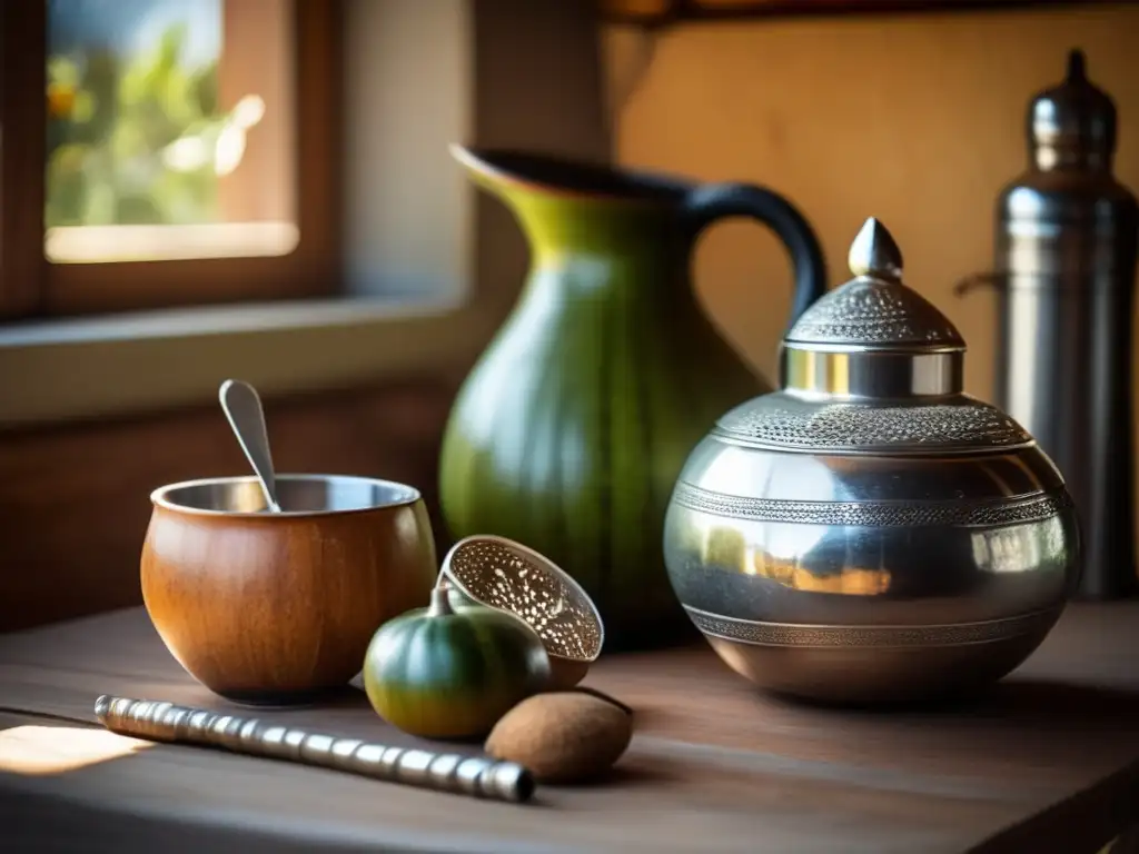 Un rincón acogedor con mesa de madera, mate y amigos compartiendo, evocando los beneficios para la concentración con mate