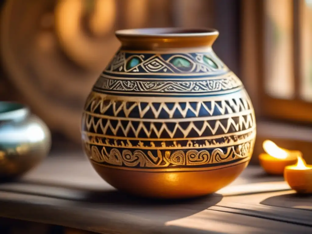 Tradición del mate rioplatense prehispánico: gourd, yerba mate, bombilla, designs, table, sunlight, tapestry, indigenous motifs (110 caracteres)