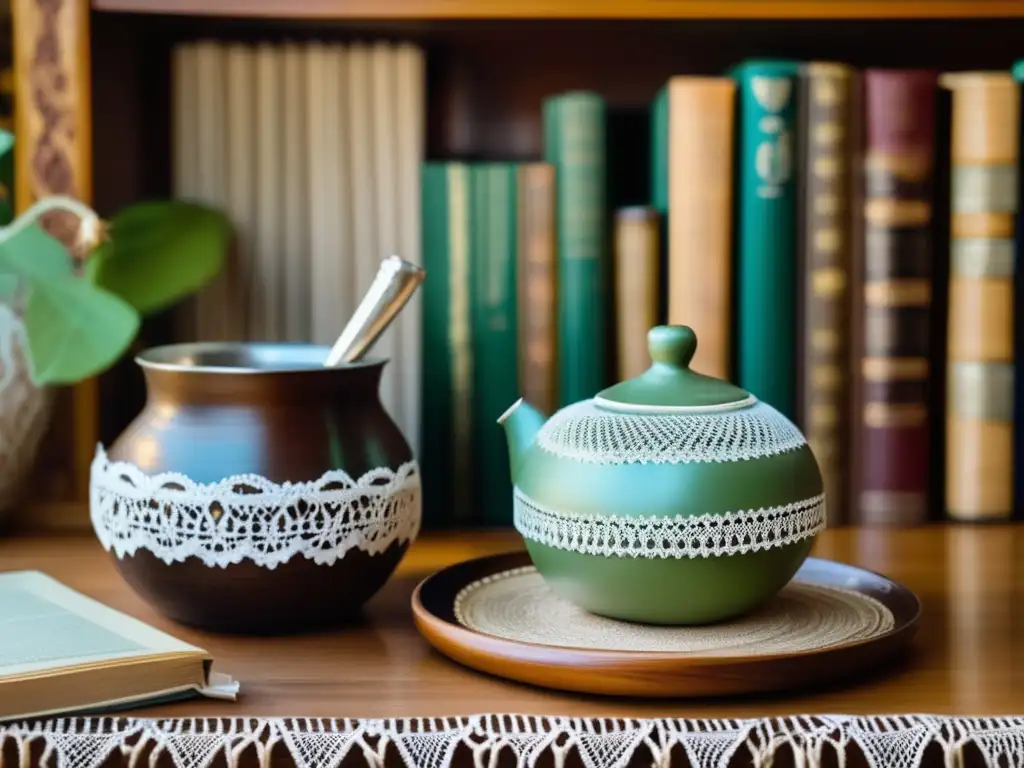 Tradición rioplatense: Cebador mate con libros y doilies