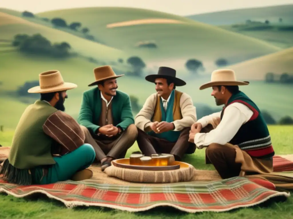 Tradición del mate en rioplatense: Ceremonia de mate en el campo con gente vestida tradicionalmente, rodeados de naturaleza y camaradería