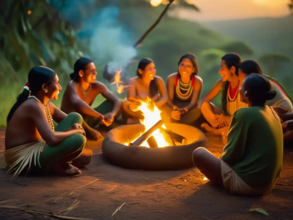 Tradición del mate en rioplatense: comunidad indígena guaraní disfrutando de yerba mate en la selva