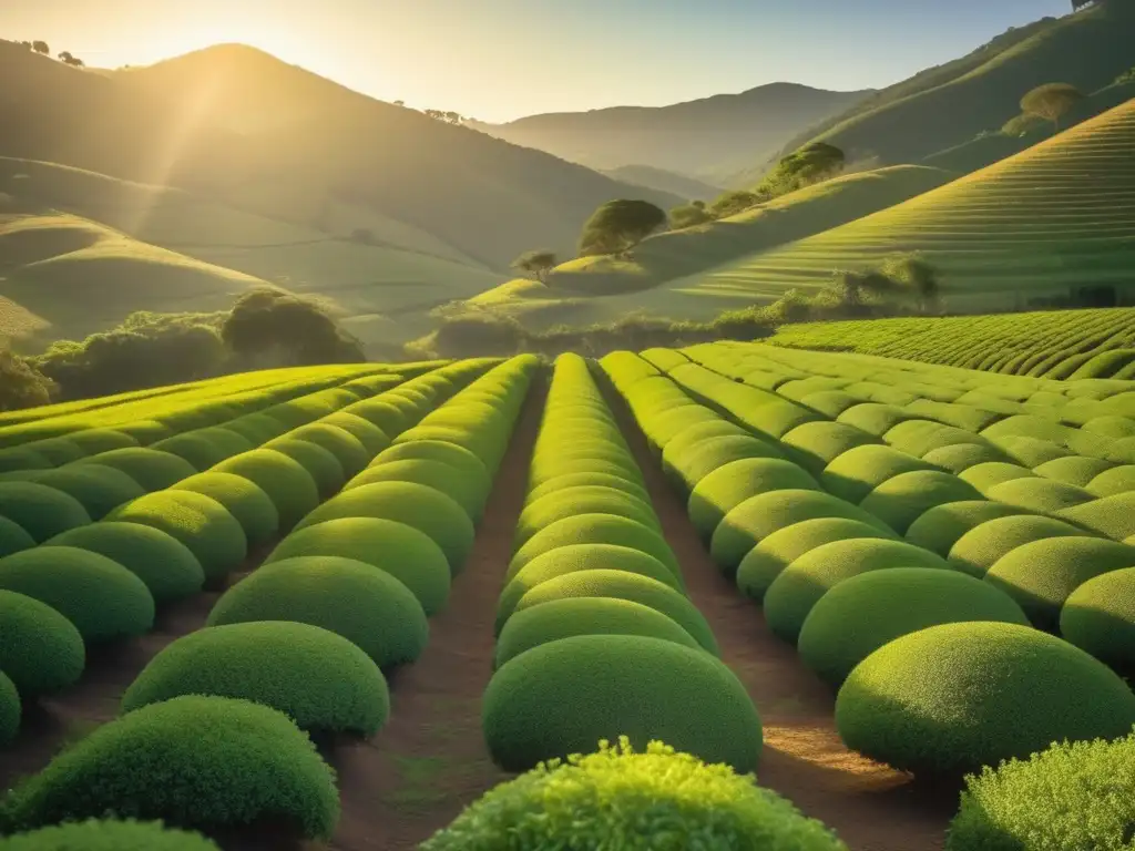 Plantación yerba mate rioplatense, cultivadores tradición, sol dorado, colinas sombreadas, hojas verdes brillantes