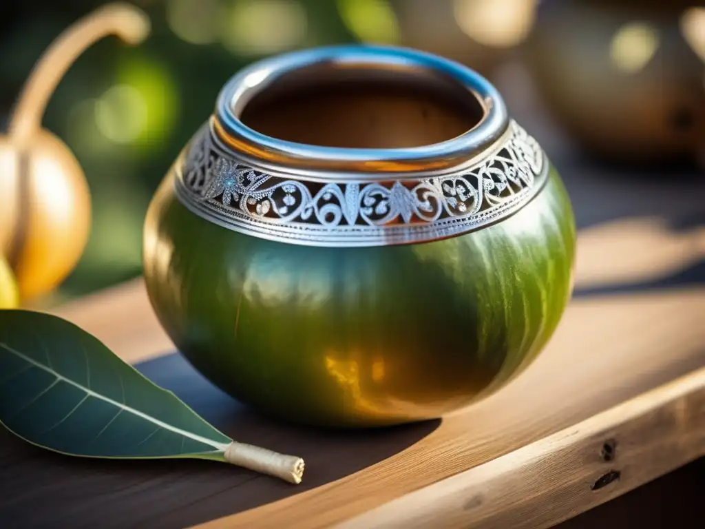 Tradición del mate rioplatense: mate gourd, detalles de plata, mesa de madera, bombilla, yerba mate, ambiente cálido y tradicional