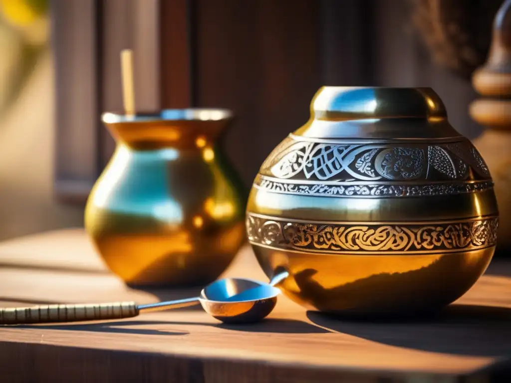 Tradición del mate en rioplatense: imagen detallada de un set vintage de mate en una mesa de madera rústica