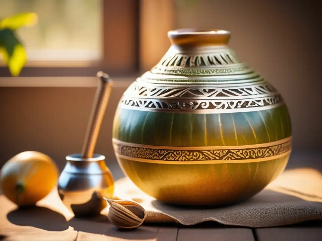 Celebración tradición mate región rioplatense - Imagen de una mate gourd de madera rústica con yerba mate recién preparada, adornada con carvings y una bombilla