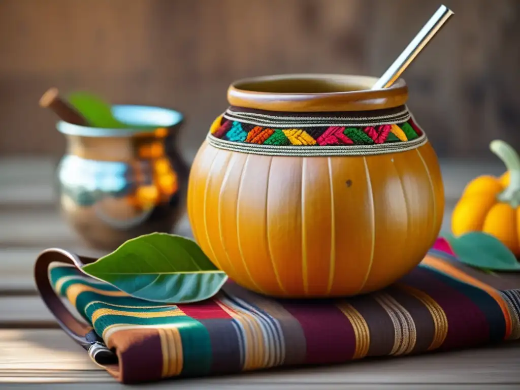 Tradición del mate rioplatense influencia arte - Mate gourd, bombilla y yerba mate en una mesa de madera con paño tejido colorido