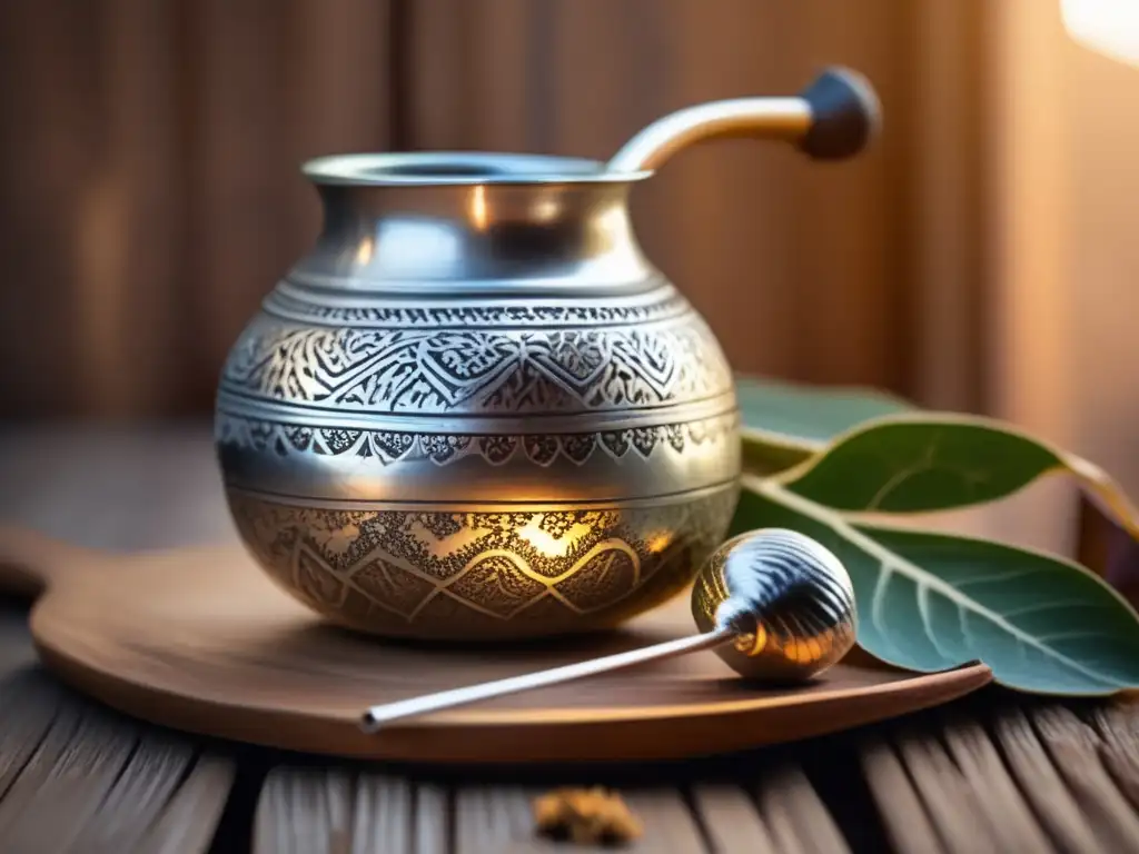 Tradición del mate rioplatense influencia arte - Mate de plata antiguo grabado con patrones intrincados y una bombilla de plata, sobre una mesa de madera rodeada de hojas secas de yerba mate y azúcar