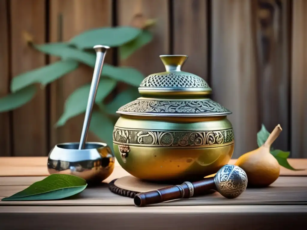 Tradición del mate rioplatense: mate set vintage en mesa de madera rústica, rodeado de artefactos históricos y fotografías antiguas