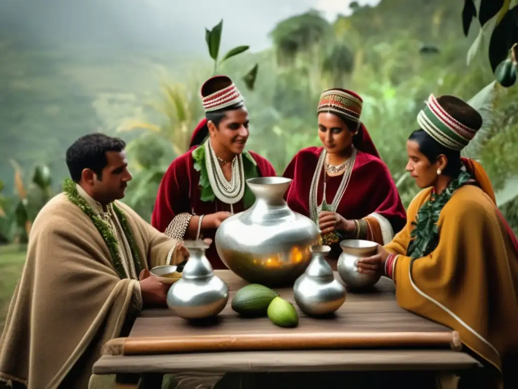 Tradición del mate rioplatense prehispánico: ceremonia vintage con gente, mate, bombilla, y naturaleza exuberante