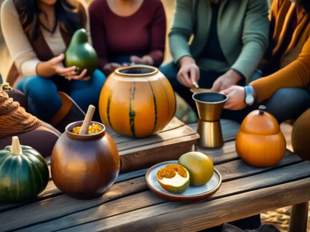 Tradición mate rioplatense reinventada: amigos disfrutando mate en una mesa rústica con conservas y mate gourds