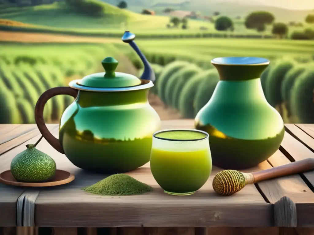 Tradición del mate en la región rioplatense Tradición del mate rioplatense: Infusión herbal verde con propiedades saludables y ambiente nostálgico en el campo