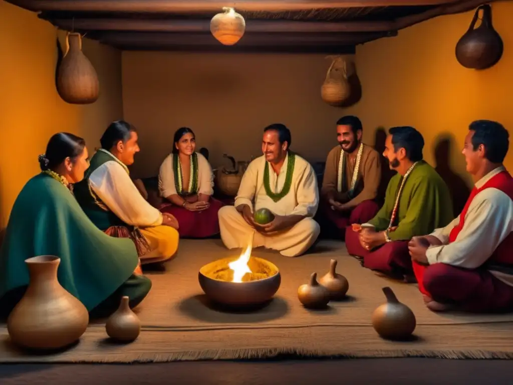 Ritual de cebado del mate: tradicional ceremonia rioplatense en una acogedora habitación rústica con muebles de madera y luz tenue