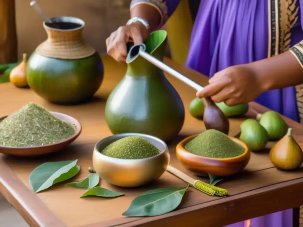 Ritual de cebado del mate: preparación tradicional con yerba mate, mate gourd, bombillas y detalles rústicos