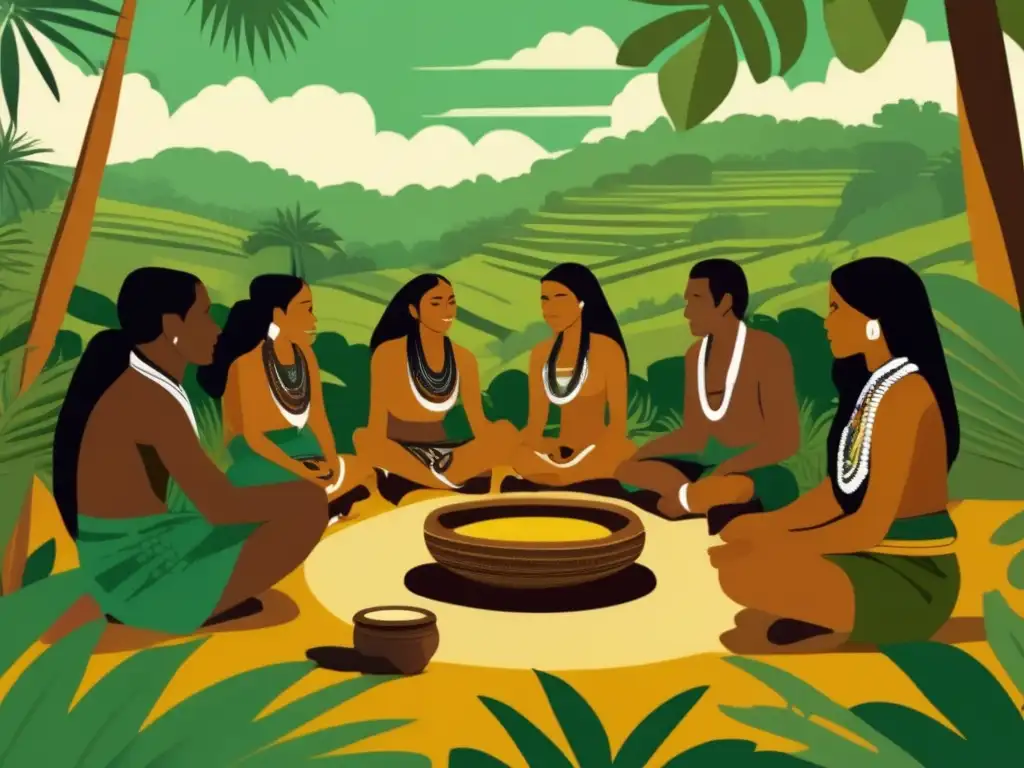 Ilustración vintage muestra ritual ceremonial de yerba mate y la conexión cultural de los Guarani - Poder antioxidante yerba mate beneficios