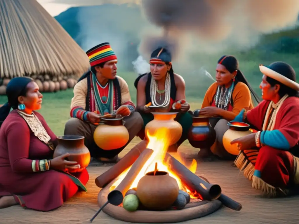 Adaptando el ritual del mate: indígenas disfrutando de mate alrededor de un gran fuego, con gourds y mate cups