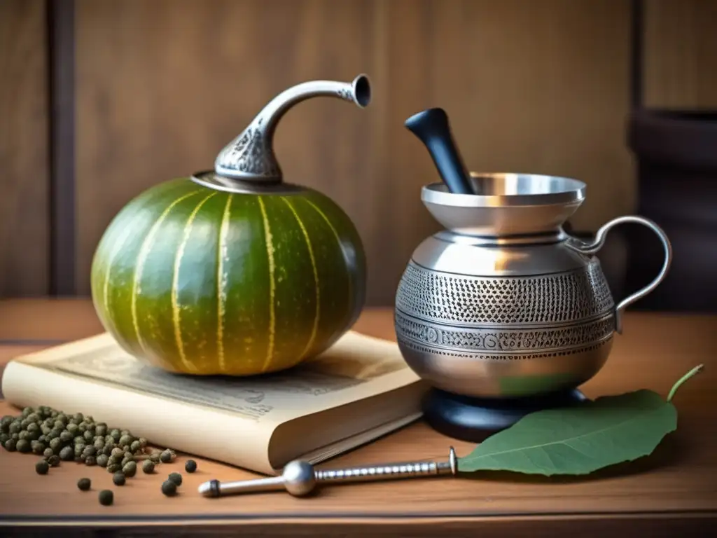 Adaptando el ritual del mate: gourd, bombilla, mesa de madera, máquina de escribir, papeles, taza de mate, patrón tallado, luz solar