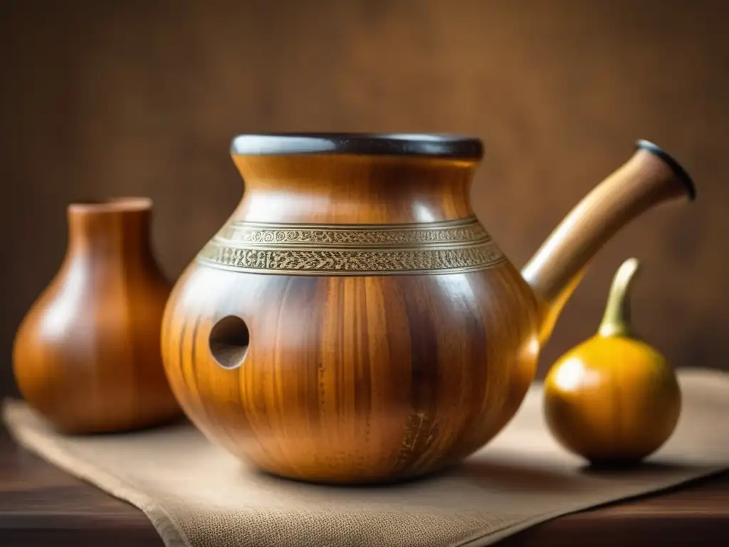 Rituales del mate: Gourd y bombilla vintage con simbolos indigenas