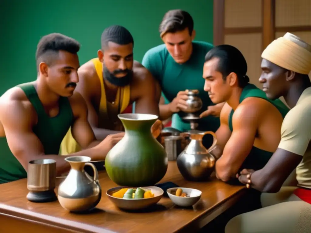 Rituales de cebado de mate para atletas: grupo de deportistas preparando y compartiendo mate, simbolizando camaradería y pasión