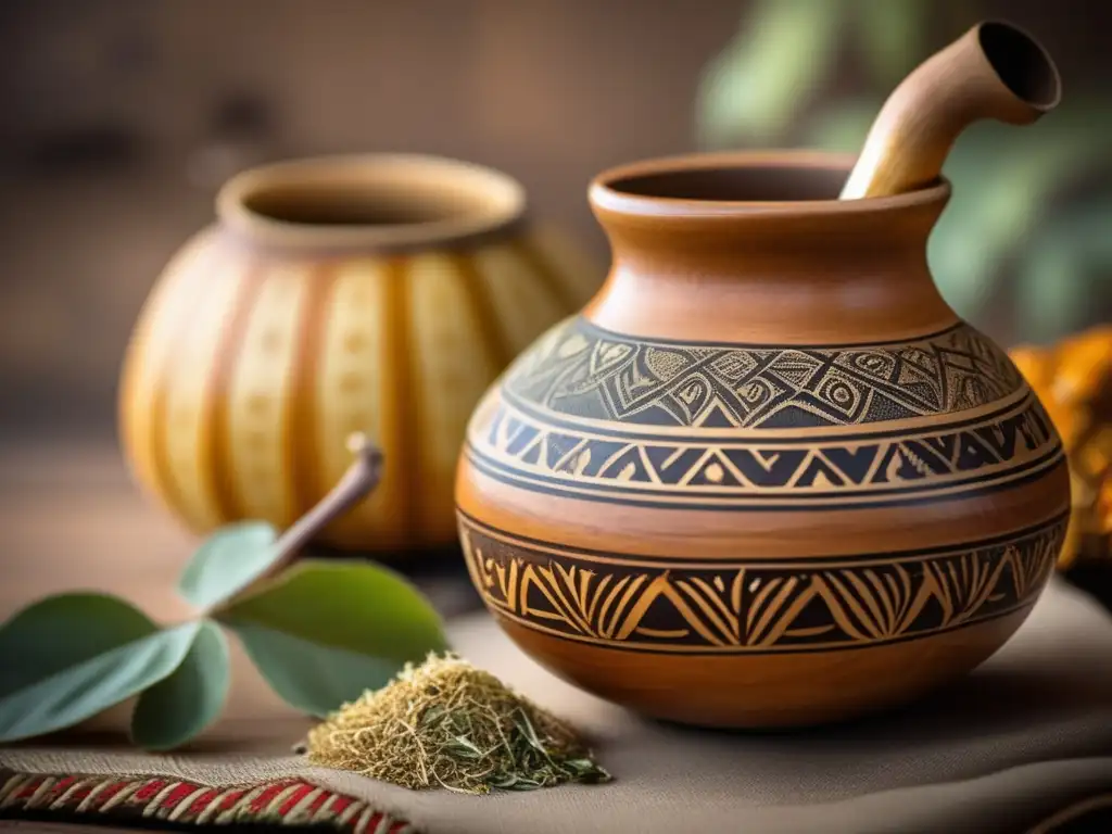 Rituales indígenas: mate gourd, yerba mate, artesanía y naturaleza en una imagen vintage