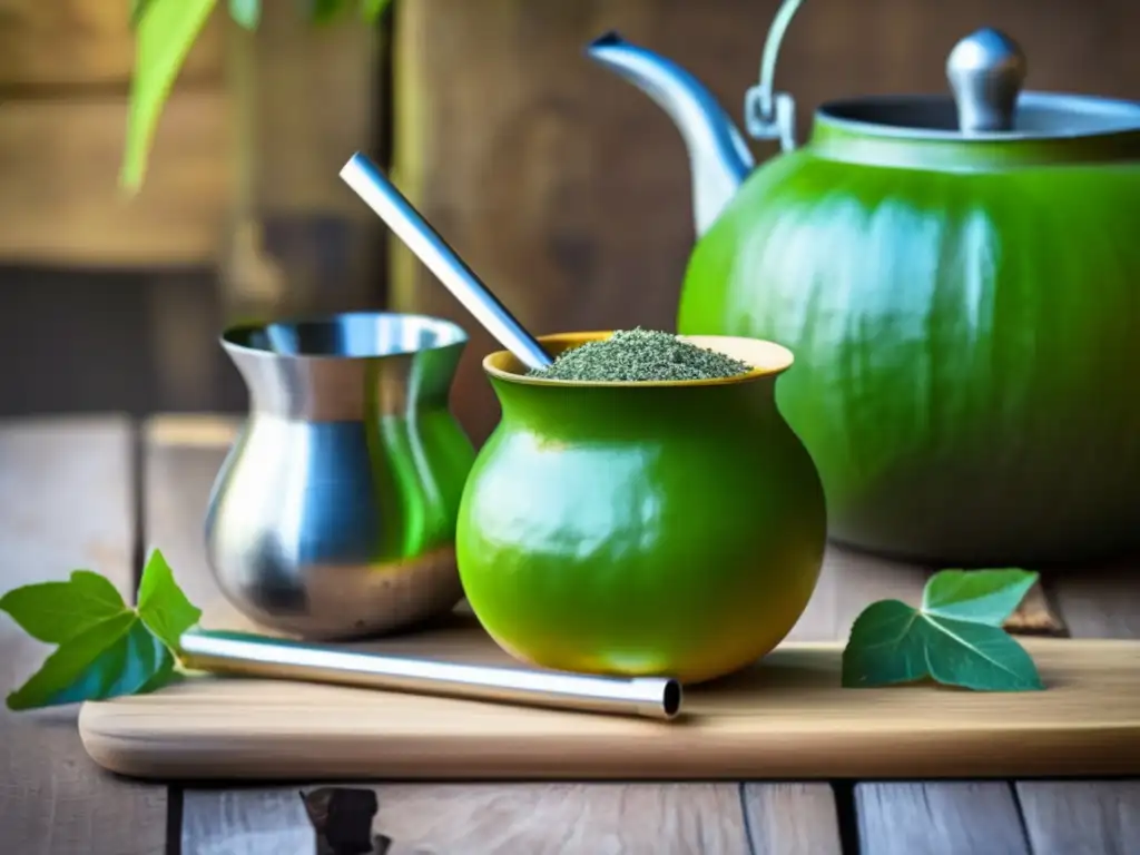 Rondas de mate en Uruguay: imagen de mate tradicional y bombilla en mesa de madera rústica, con yerba mate y agua, en ambiente cálido y comunitario