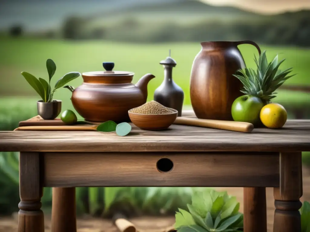 Rústica mesa de madera con mate, bombilla y paisaje de cultivo de mate