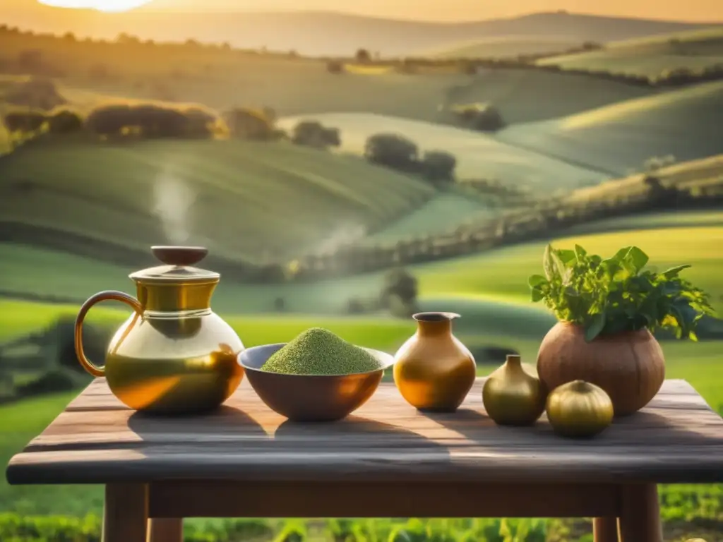 Ruta del mate: paisaje campestre rioplatense con yerba mate y tradición