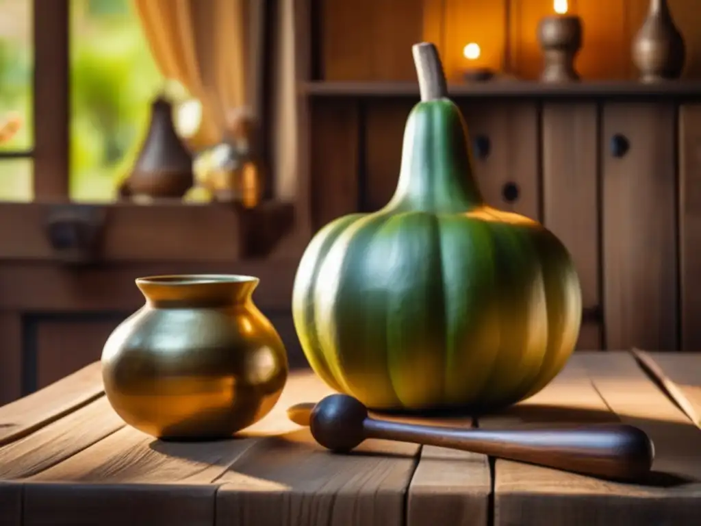 Rutas del mate y vino rioplatense en una imagen vintage de una tradicional calabaza de mate y bombilla en una mesa de madera