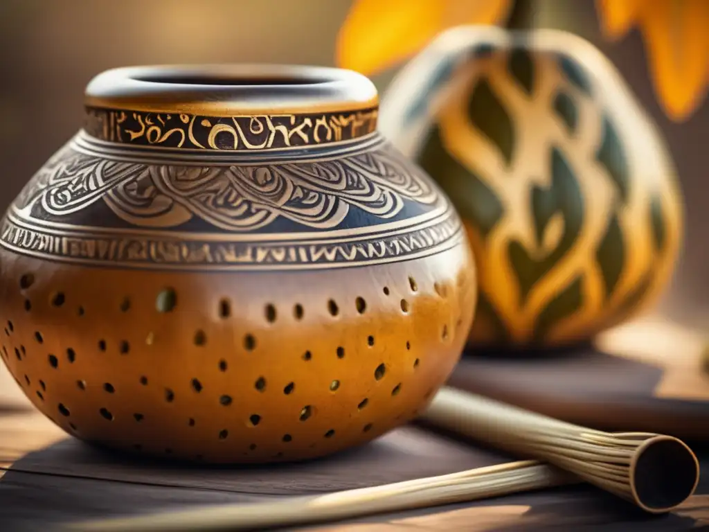 Reconocer sabores yerba mate: imagen detallada de una calabaza y bombilla de mate en una mesa rústica rodeada de hojas verdes