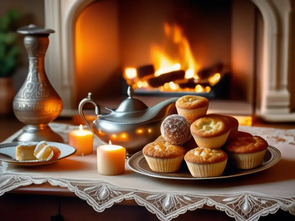 Sala acogedora con chimenea y mesa decorada con mate y postres - Elaboración de bebidas dulces con mate