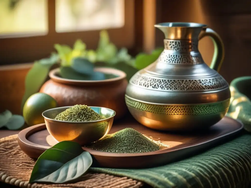 Desintoxicación de mate saludable: Mesa rústica con mate, bombilla y yerba mate rodeada de una ceremonia tradicional y cálida luz dorada