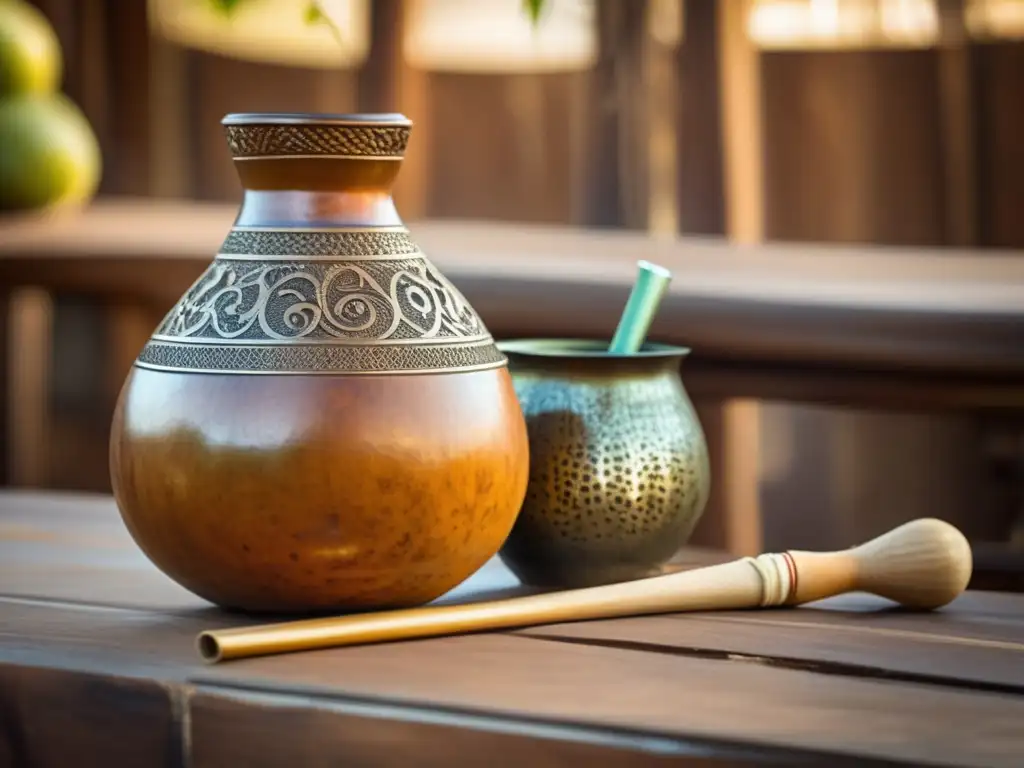 Semiótica del mate en la región: Tradicional mate y bombilla sobre mesa de madera rústica, con detalles grabados y vapor cautivador