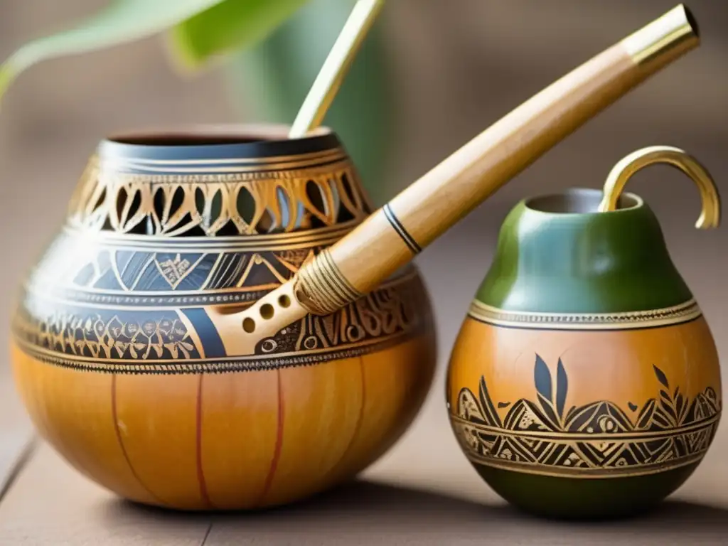 Set de mate y bombilla vintage con detalles y diseños intrincados, hechos de calabaza natural