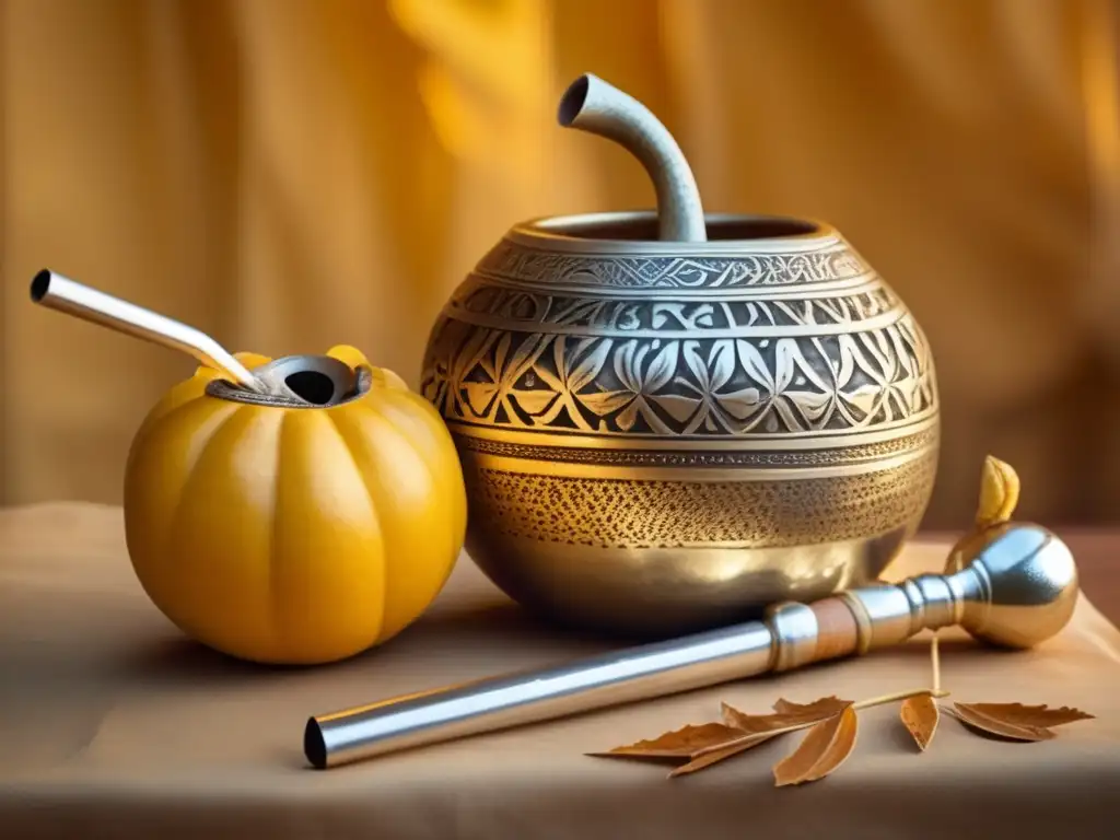 Un set de mate tradicional en una imagen vintage con gourd y bombilla de plata, sobre pergamino amarillento