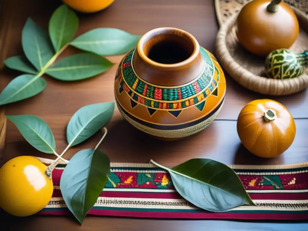 Set de mate tradicional en mesa de madera con mantel tejido y yerba mate