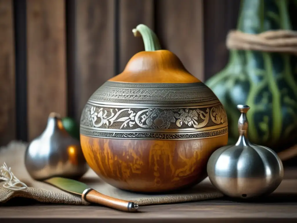 Set de mate vintage con gourd y bombilla, detalles intrincados, apariencia envejecida, mesa rústica