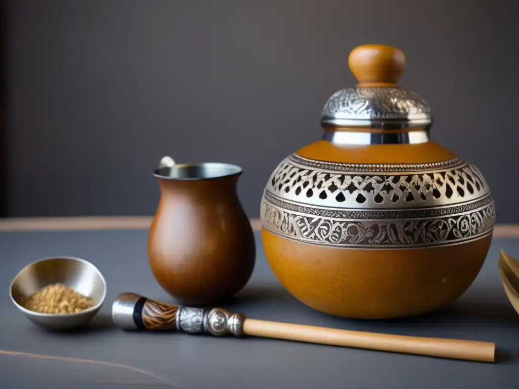 Un set de mate vintage con mate y bombilla de plata, con grabados y diseños indígenas, en una estética cálida y rústica