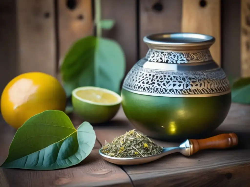 Un set de mate vintage en una mesa de madera rústica, con yerba mate, hierbas y frutas secas